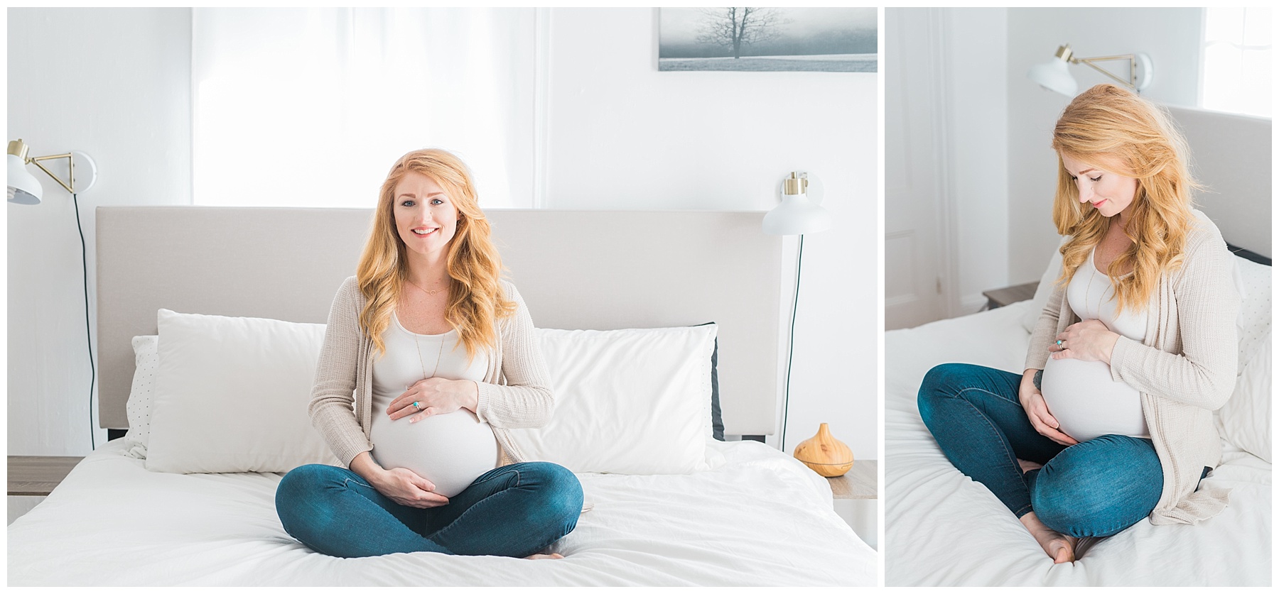 a redheaded pregnant woman and her family take maternity photos in her bangor, maine, home in a white neutral bedroom