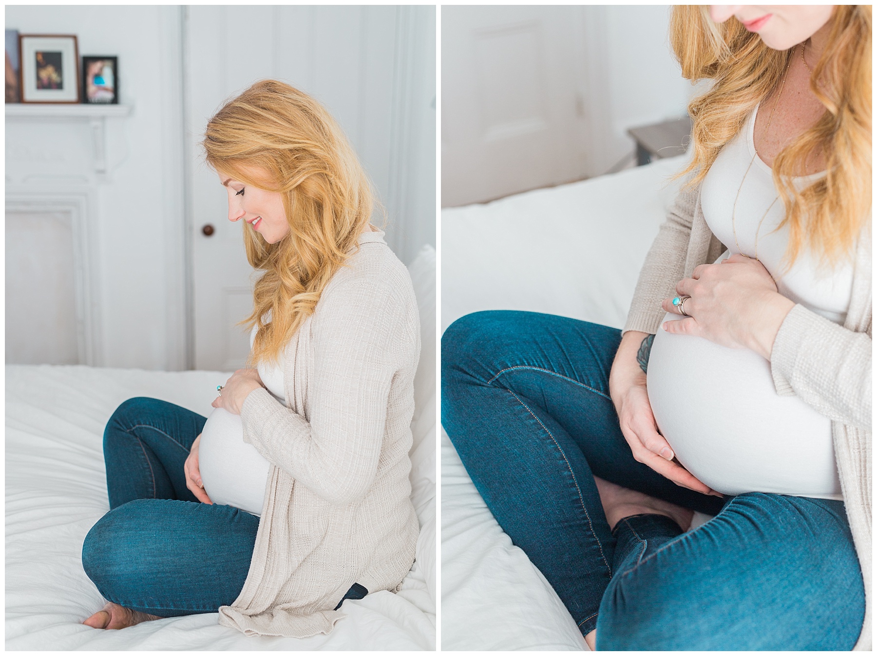 a redheaded pregnant woman and her family take maternity photos in her bangor, maine, home in a white neutral bedroom
