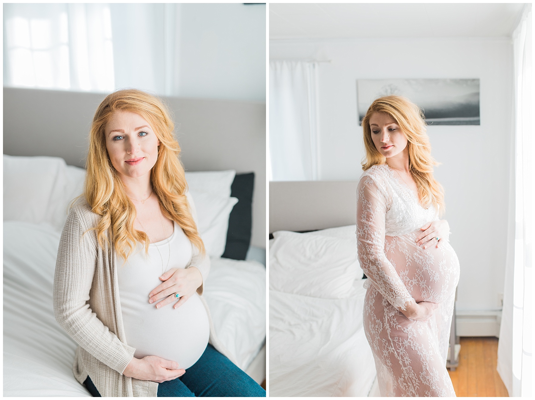 a redheaded pregnant woman and her family take maternity photos in her bangor, maine, home in a white neutral bedroom in a white lace see-through dress