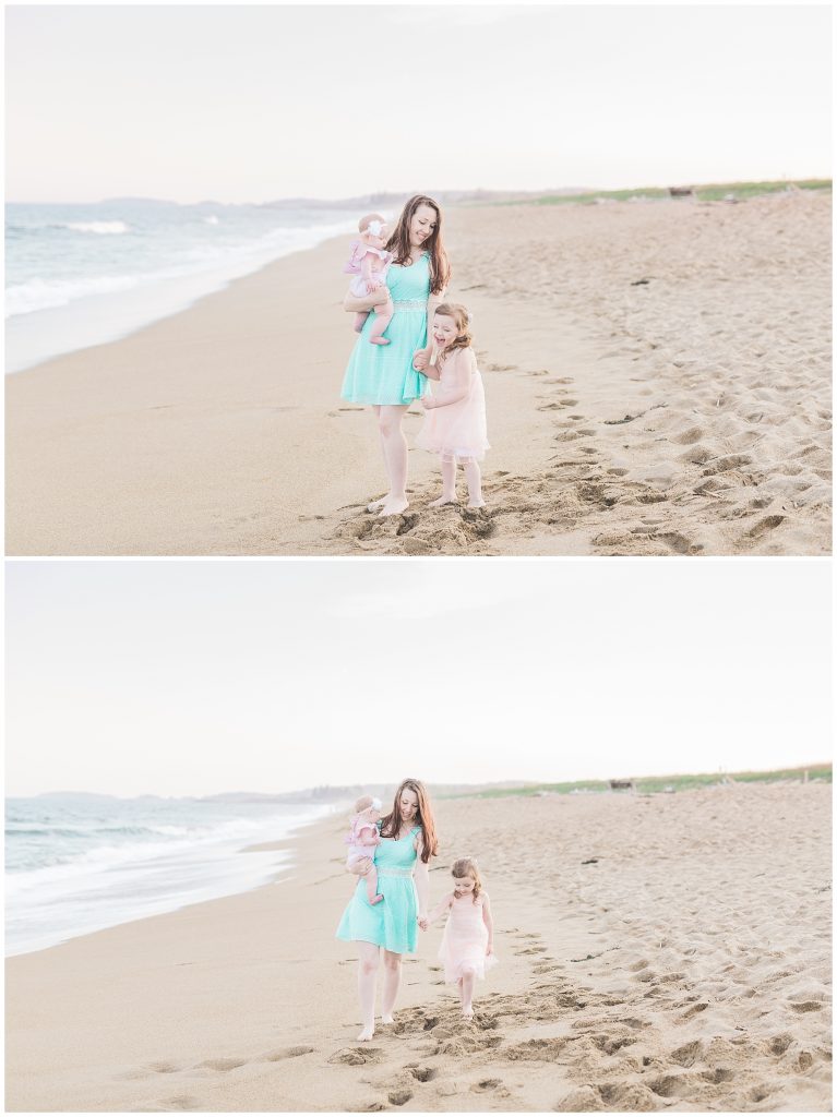 mommy and baby standing on the beach for a mommy and me session with her daughter with toddler
