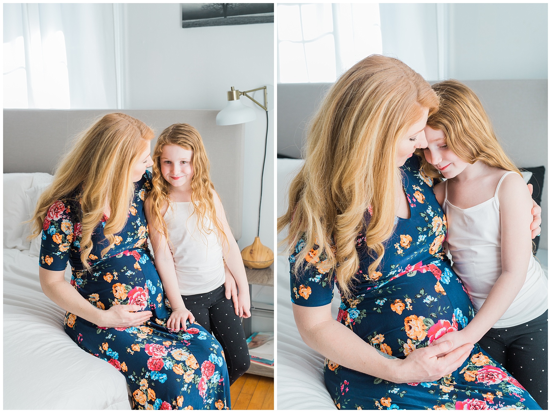 a redheaded pregnant woman and her family take maternity photos in her bangor, maine, home