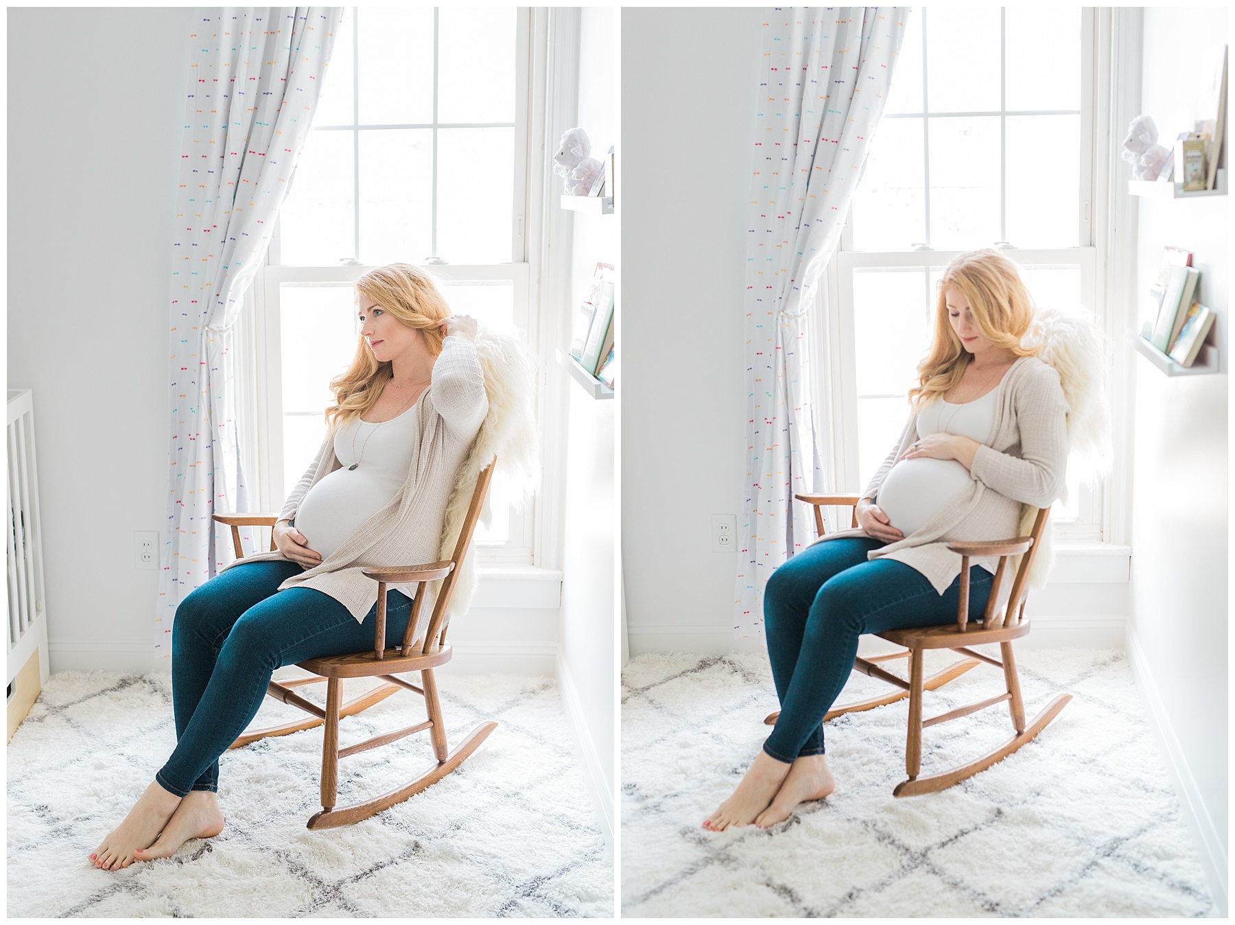 a redheaded pregnant woman and her family take maternity photos in her bangor, maine, home in a white neutral nursery