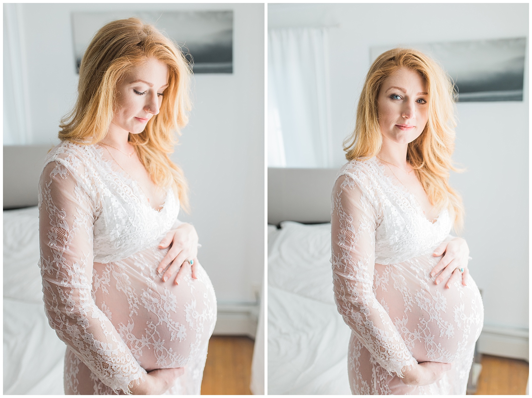 a redheaded pregnant woman and her family take maternity photos in her bangor, maine, home in a white neutral bedroom in a white lace see-through dress