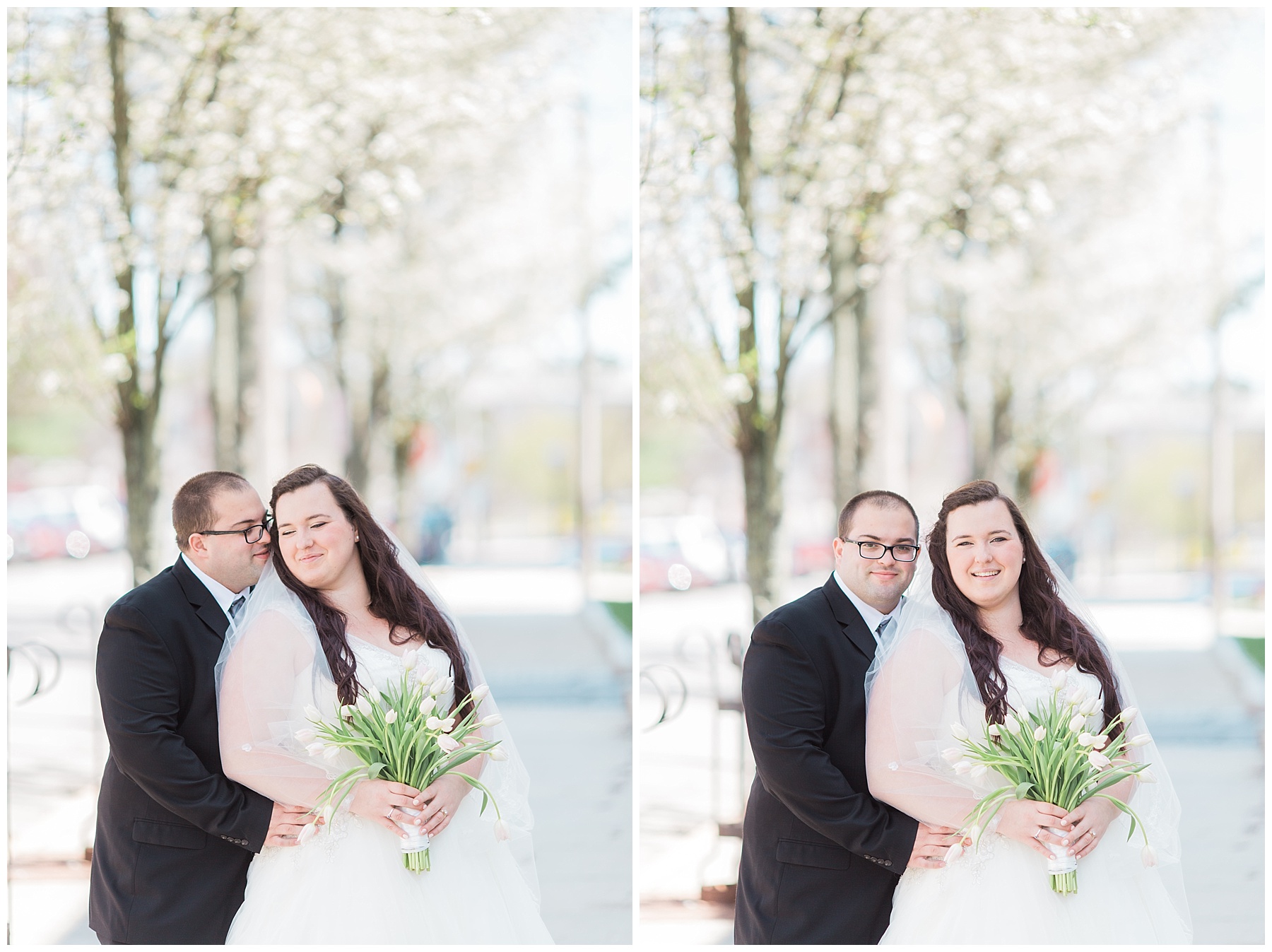 plus size couple in wedding attire taking wedding photos in downtown portland maine holding tulips
