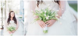 plus size couple in wedding attire taking wedding photos in downtown portland maine holding tulips