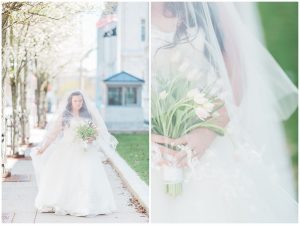 plus size couple in wedding attire taking wedding photos in downtown portland maine holding tulips