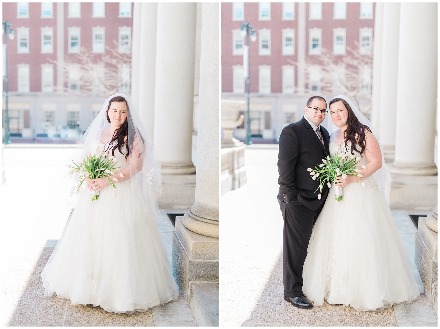 plus size couple in wedding attire taking wedding photos in downtown portland maine at city hall holding tulips