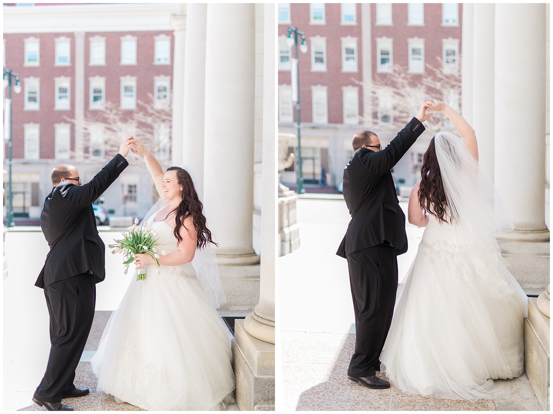 plus size couple in wedding attire taking wedding photos in downtown portland maine at city hall dancing holding tulips