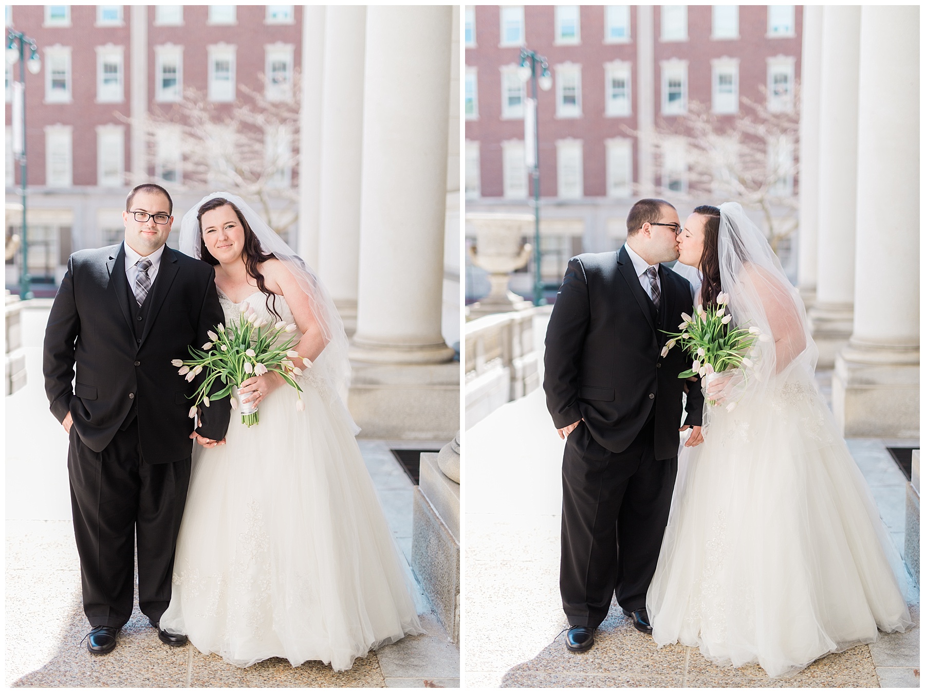 plus size couple in wedding attire taking wedding photos in downtown portland maine at city hall holding tulips