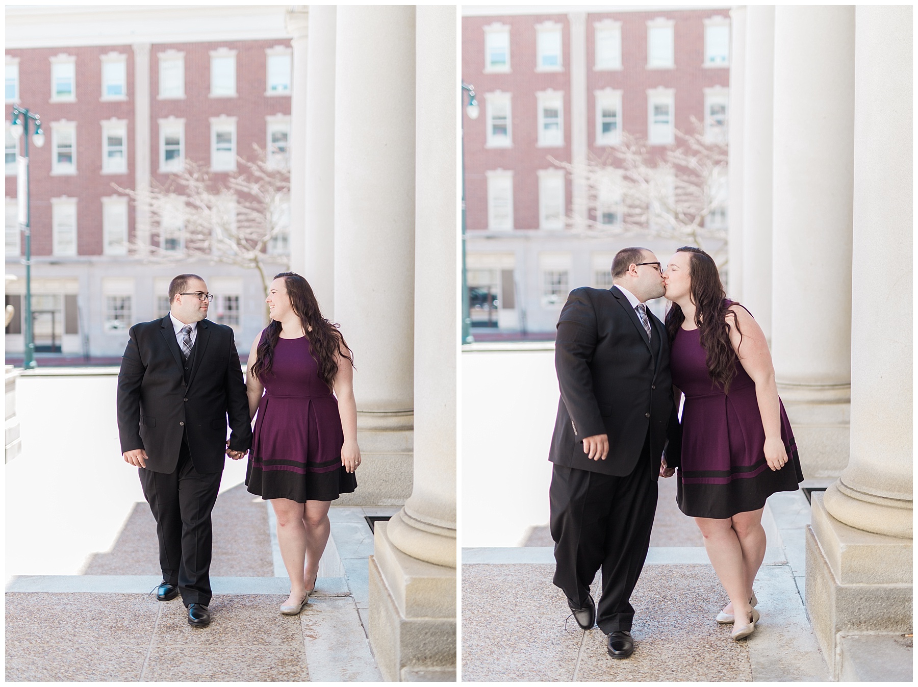plus size couple in wedding attire taking wedding photos in downtown portland maine at city hall doing engagement photos