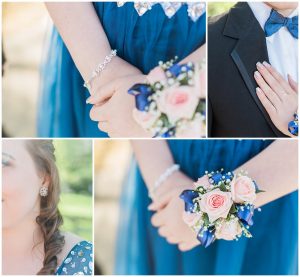 monmouth academy junior and madison high school junior taking pictures together before prom in maine, showing details of glitter nails and earrings