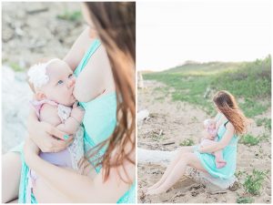 mommy and baby standing on the beach for a mommy and me session with her daughter while breastfeeding