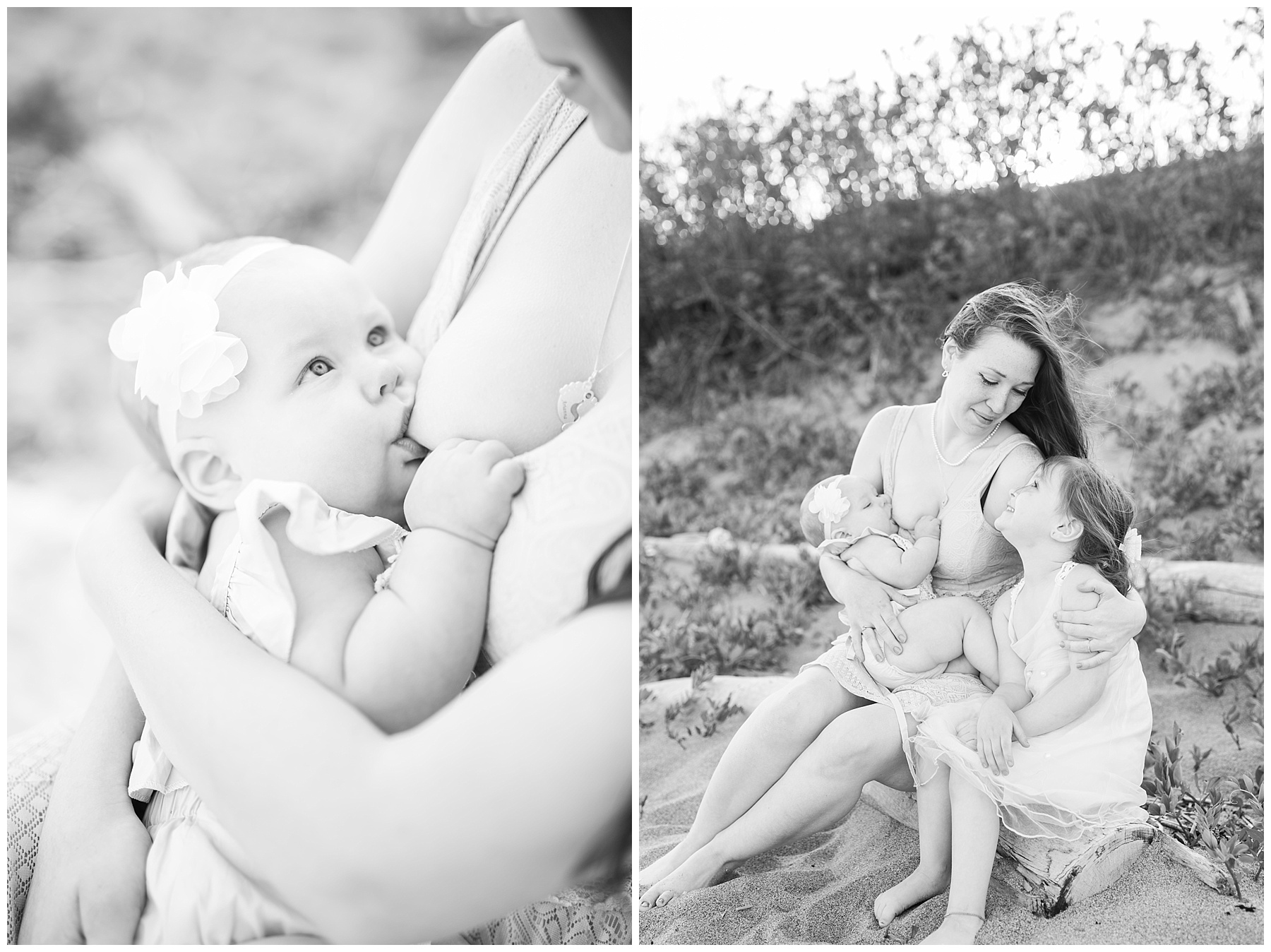 mommy and baby standing on the beach for a mommy and me session with her daughter while breastfeeding