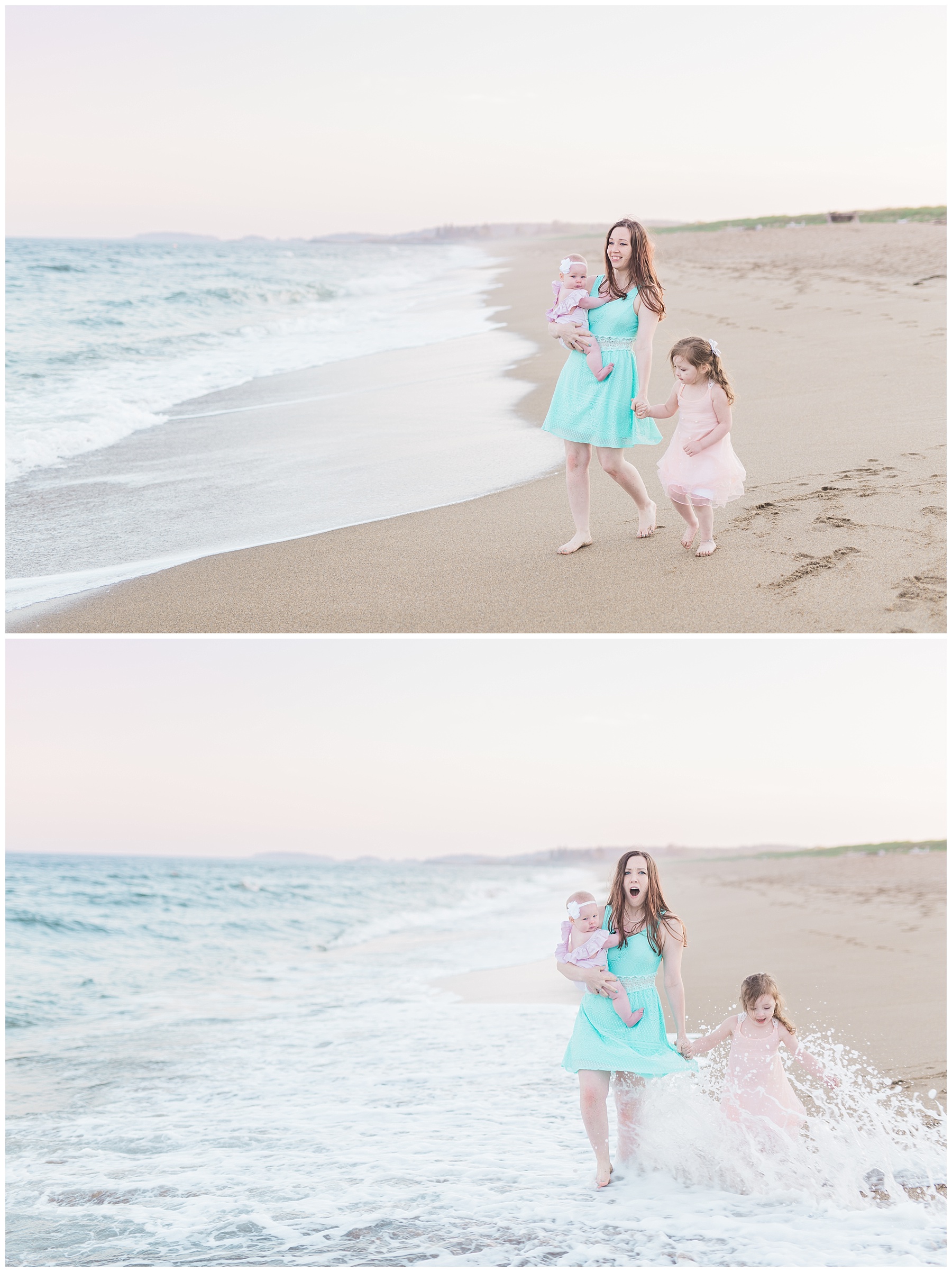 mommy and baby standing on the beach for a mommy and me session with her daughter with toddler and waves splashing