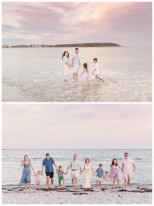 family poses for family portraits at goose rocks beach in kennebunkport, maine