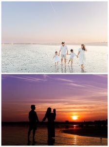 family poses for family portraits at sunset at goose rocks beach in kennebunkport, maine