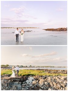 wedding couple takes photos at gooch's beach in kennebunk, maine, at sunset