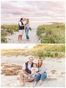 family who is staying at inn by the sea in cape elizabeth takes portraits at sunset at crescent beach