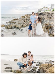 family takes photos at sunset at mother's beach in kennebunk, maine, with a beautiful rocky backdrop