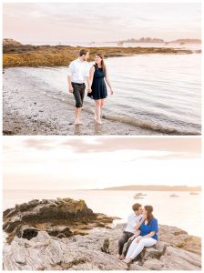 couple poses for engagement photos at a beach in cape elizabeth called kettle cove at sunset