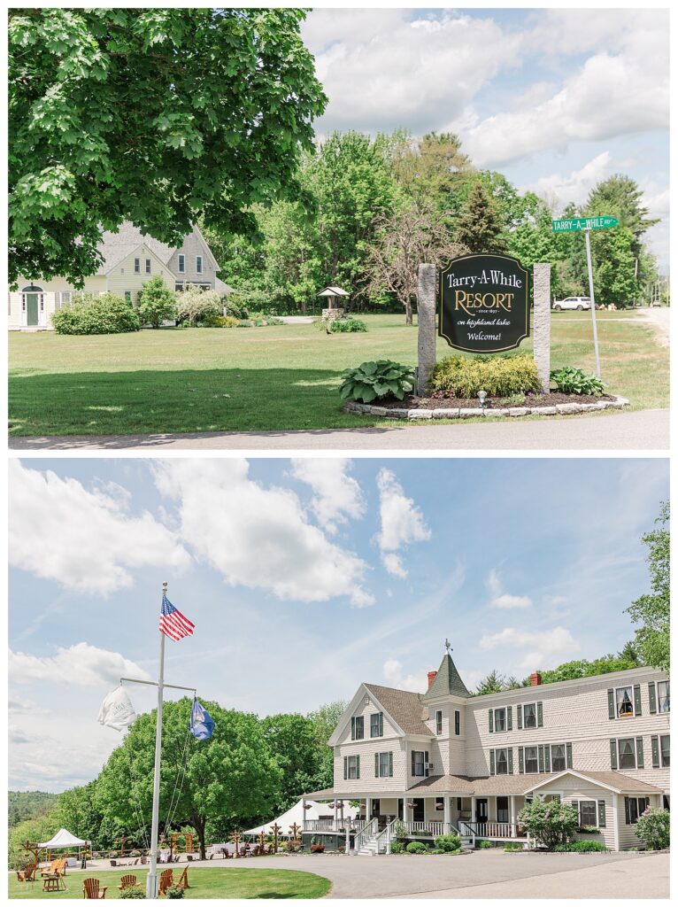 bride and groom get married at wedding venue tarry a while in bridgton maine. upscale luxury wedding with black tie groomsmen tuxes and black satin bridesmaid dresses, colorful flowers, summer maine wedding, lake, tent, outdoor dance floor, destination wedding