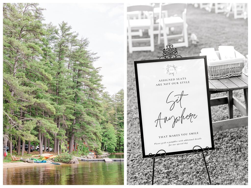 bride and groom get married at wedding venue tarry a while in bridgton maine. upscale luxury wedding with black tie groomsmen tuxes and black satin bridesmaid dresses, colorful flowers, summer maine wedding, lake, tent, outdoor dance floor, destination wedding