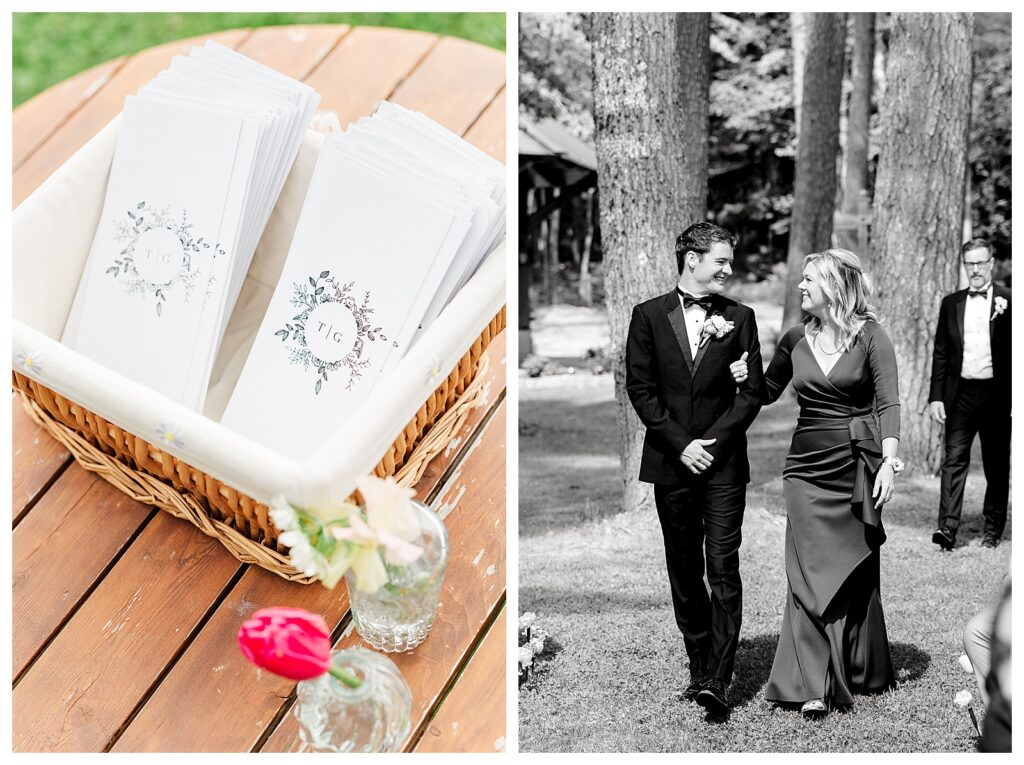 bride and groom get married at wedding venue tarry a while in bridgton maine. upscale luxury wedding with black tie groomsmen tuxes and black satin bridesmaid dresses, colorful flowers, summer maine wedding, lake, tent, outdoor dance floor, destination wedding