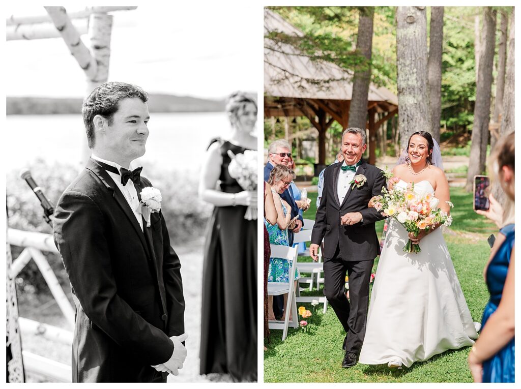 bride and groom get married at wedding venue tarry a while in bridgton maine. upscale luxury wedding with black tie groomsmen tuxes and black satin bridesmaid dresses, colorful flowers, summer maine wedding, lake, tent, outdoor dance floor, destination wedding