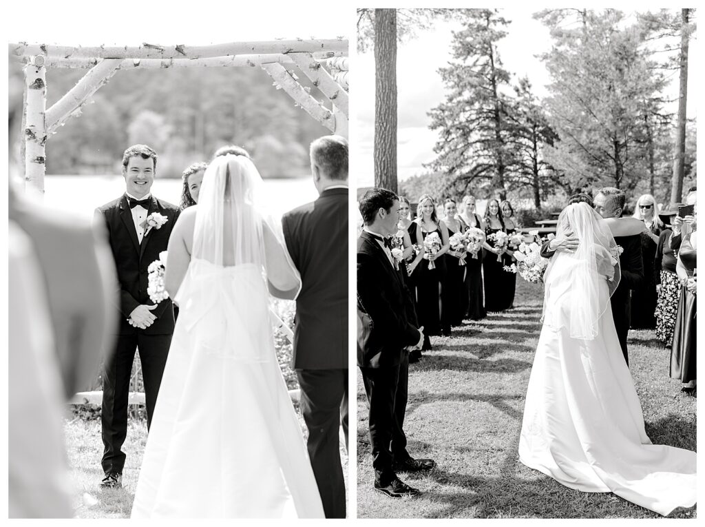 bride and groom get married at wedding venue tarry a while in bridgton maine. upscale luxury wedding with black tie groomsmen tuxes and black satin bridesmaid dresses, colorful flowers, summer maine wedding, lake, tent, outdoor dance floor, destination wedding