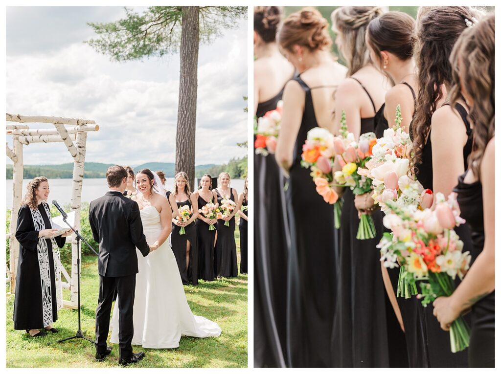 bride and groom get married at wedding venue tarry a while in bridgton maine. upscale luxury wedding with black tie groomsmen tuxes and black satin bridesmaid dresses, colorful flowers, summer maine wedding, lake, tent, outdoor dance floor, destination wedding