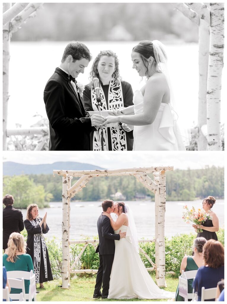 bride and groom get married at wedding venue tarry a while in bridgton maine. upscale luxury wedding with black tie groomsmen tuxes and black satin bridesmaid dresses, colorful flowers, summer maine wedding, lake, tent, outdoor dance floor, destination wedding