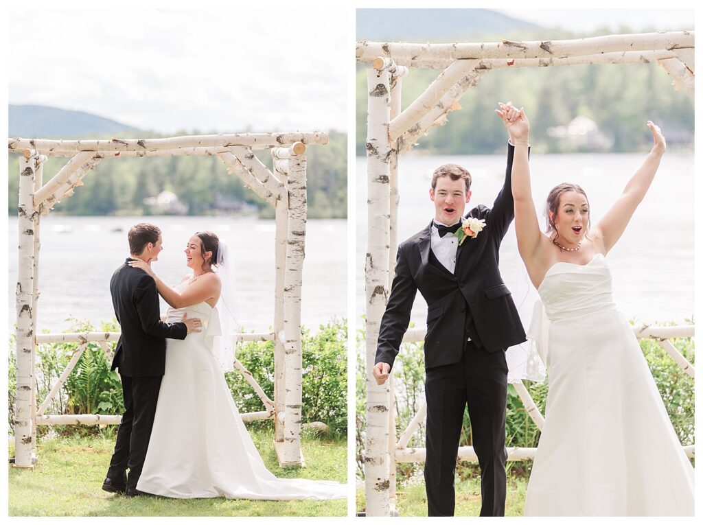 bride and groom get married at wedding venue tarry a while in bridgton maine. upscale luxury wedding with black tie groomsmen tuxes and black satin bridesmaid dresses, colorful flowers, summer maine wedding, lake, tent, outdoor dance floor, destination wedding