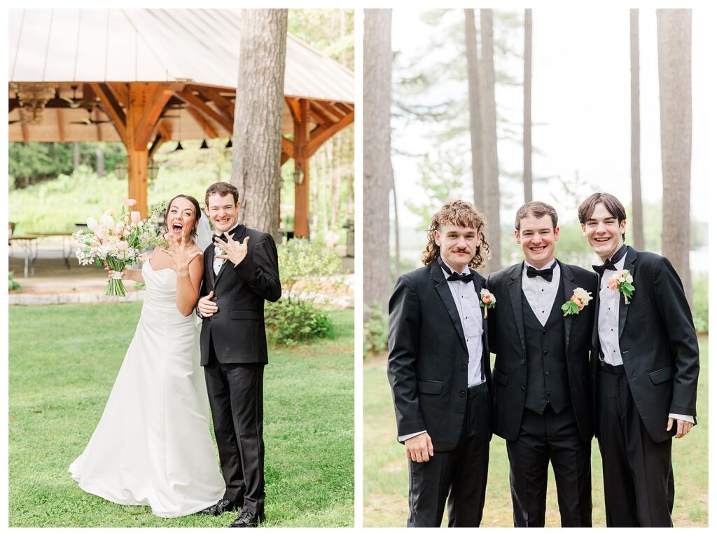 bride and groom get married at wedding venue tarry a while in bridgton maine. upscale luxury wedding with black tie groomsmen tuxes and black satin bridesmaid dresses, colorful flowers, summer maine wedding, lake, tent, outdoor dance floor, destination wedding