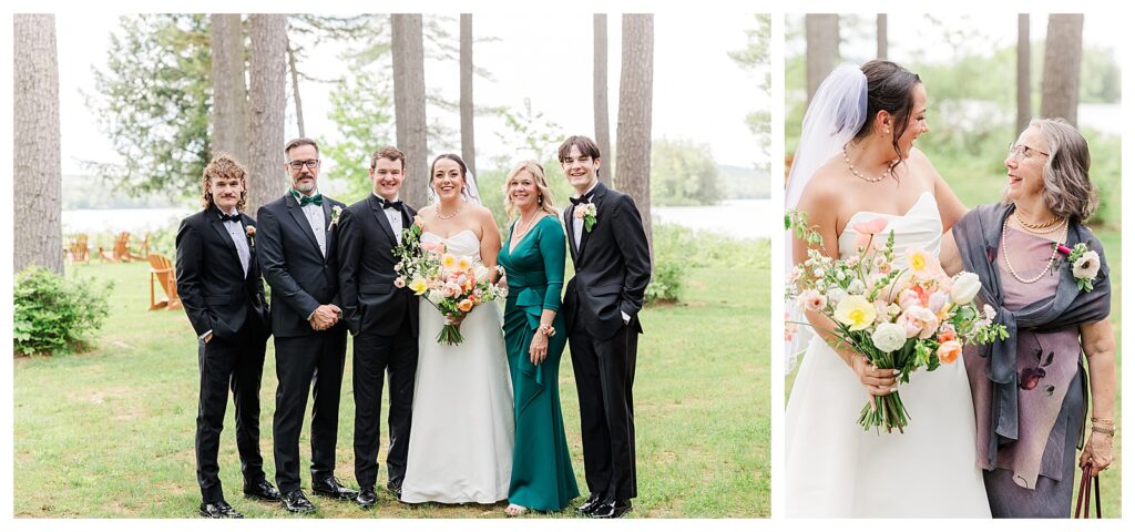 bride and groom get married at wedding venue tarry a while in bridgton maine. upscale luxury wedding with black tie groomsmen tuxes and black satin bridesmaid dresses, colorful flowers, summer maine wedding, lake, tent, outdoor dance floor, destination wedding