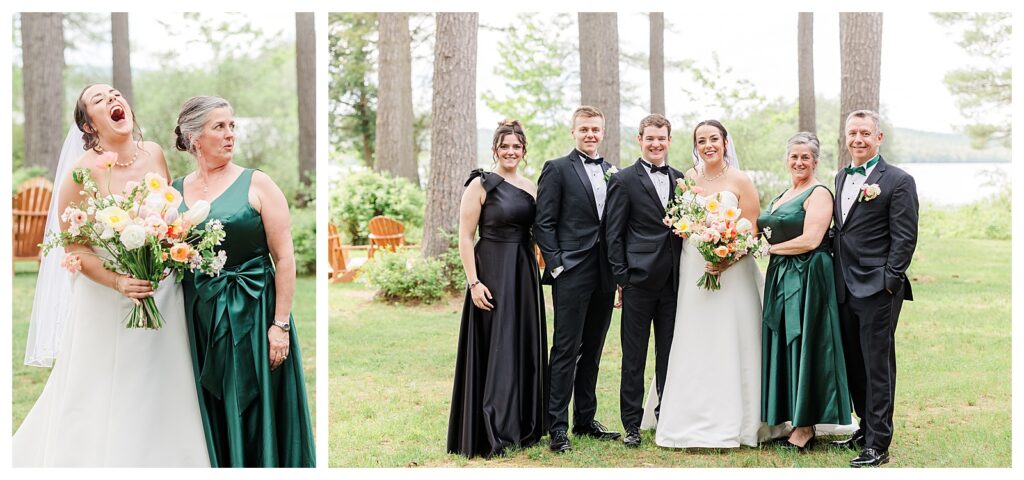 bride and groom get married at wedding venue tarry a while in bridgton maine. upscale luxury wedding with black tie groomsmen tuxes and black satin bridesmaid dresses, colorful flowers, summer maine wedding, lake, tent, outdoor dance floor, destination wedding