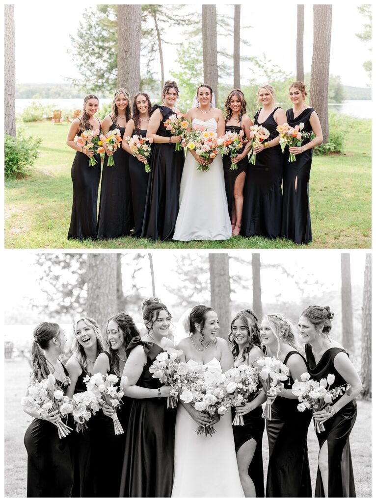 bride and groom get married at wedding venue tarry a while in bridgton maine. upscale luxury wedding with black tie groomsmen tuxes and black satin bridesmaid dresses, colorful flowers, summer maine wedding, lake, tent, outdoor dance floor, destination wedding