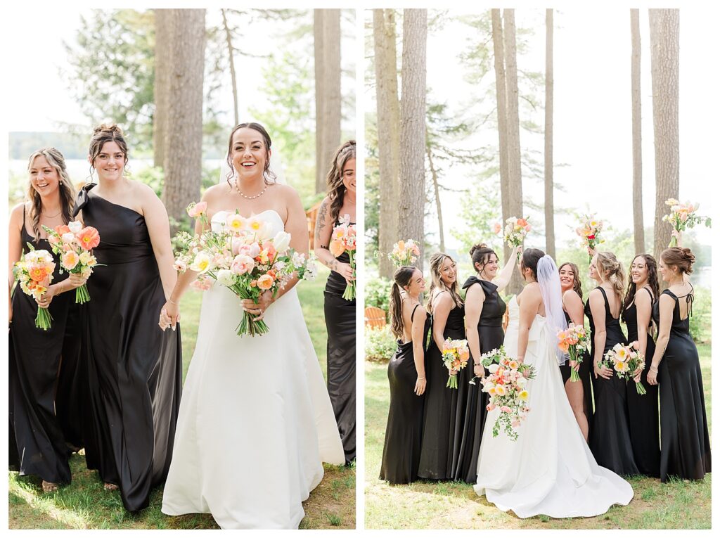 bride and groom get married at wedding venue tarry a while in bridgton maine. upscale luxury wedding with black tie groomsmen tuxes and black satin bridesmaid dresses, colorful flowers, summer maine wedding, lake, tent, outdoor dance floor, destination wedding