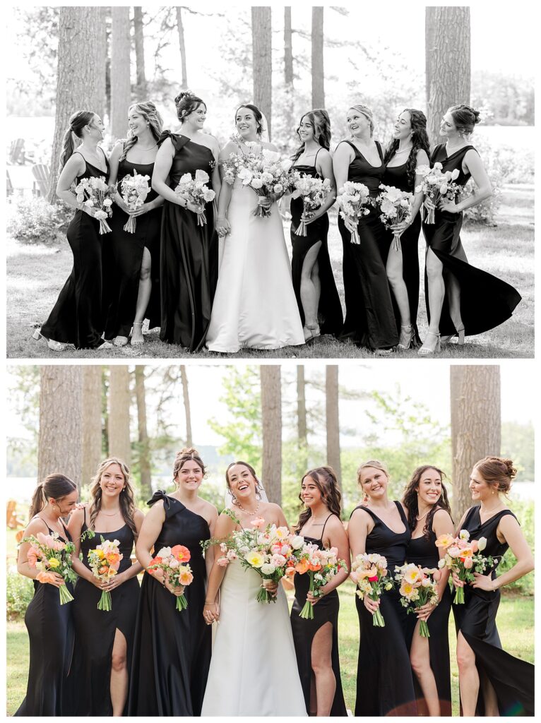 bride and groom get married at wedding venue tarry a while in bridgton maine. upscale luxury wedding with black tie groomsmen tuxes and black satin bridesmaid dresses, colorful flowers, summer maine wedding, lake, tent, outdoor dance floor, destination wedding