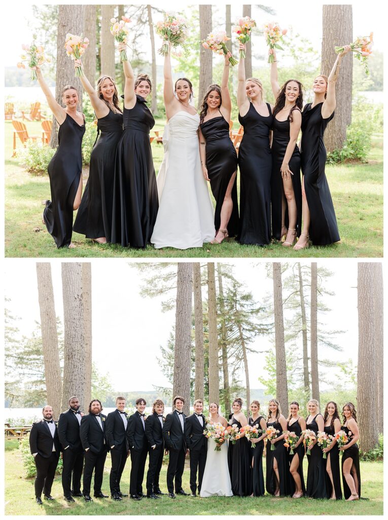 bride and groom get married at wedding venue tarry a while in bridgton maine. upscale luxury wedding with black tie groomsmen tuxes and black satin bridesmaid dresses, colorful flowers, summer maine wedding, lake, tent, outdoor dance floor, destination wedding