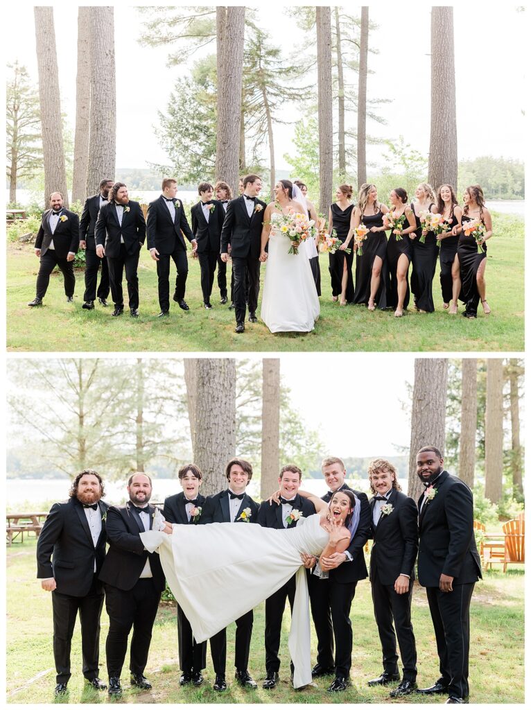 bride and groom get married at wedding venue tarry a while in bridgton maine. upscale luxury wedding with black tie groomsmen tuxes and black satin bridesmaid dresses, colorful flowers, summer maine wedding, lake, tent, outdoor dance floor, destination wedding