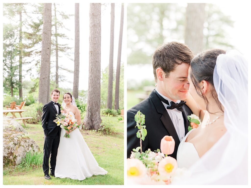 bride and groom get married at wedding venue tarry a while in bridgton maine. upscale luxury wedding with black tie groomsmen tuxes and black satin bridesmaid dresses, colorful flowers, summer maine wedding, lake, tent, outdoor dance floor, destination wedding