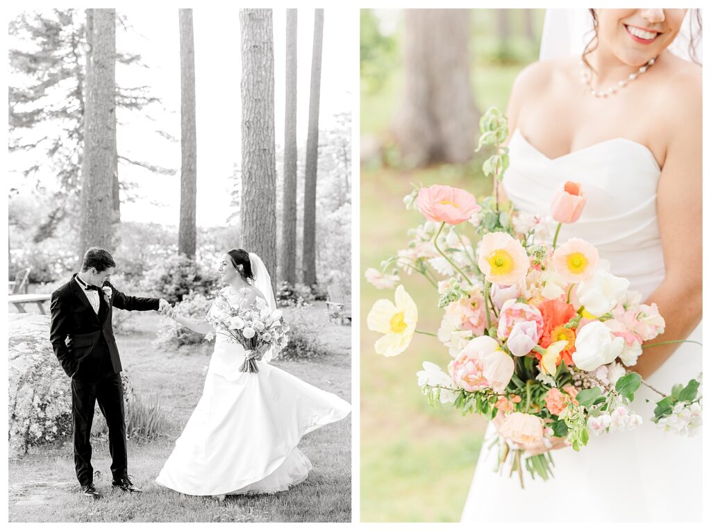 bride and groom get married at wedding venue tarry a while in bridgton maine. upscale luxury wedding with black tie groomsmen tuxes and black satin bridesmaid dresses, colorful flowers, summer maine wedding, lake, tent, outdoor dance floor, destination wedding