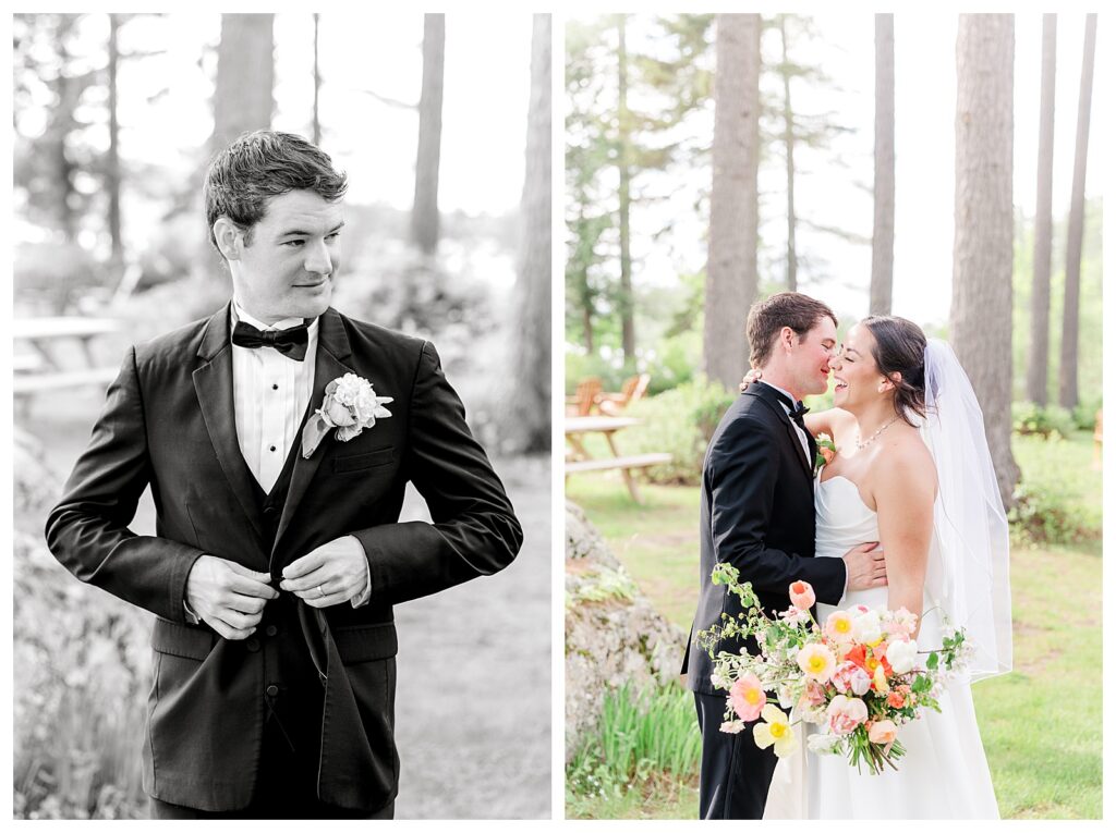 bride and groom get married at wedding venue tarry a while in bridgton maine. upscale luxury wedding with black tie groomsmen tuxes and black satin bridesmaid dresses, colorful flowers, summer maine wedding, lake, tent, outdoor dance floor, destination wedding