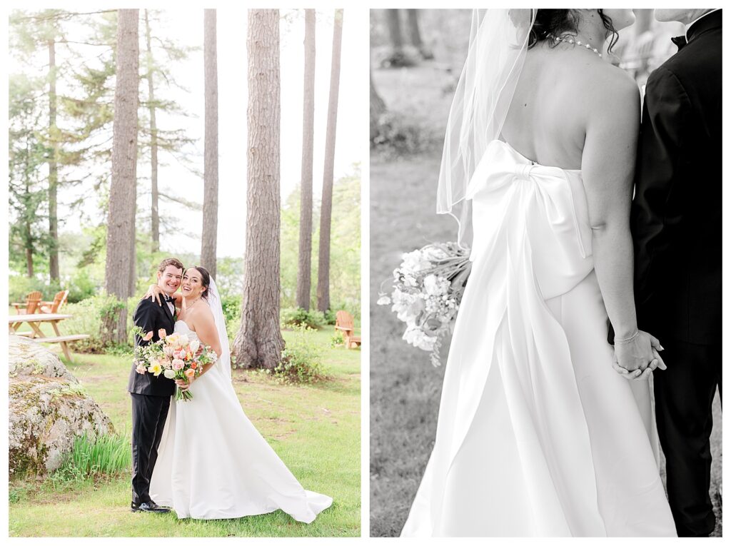 bride and groom get married at wedding venue tarry a while in bridgton maine. upscale luxury wedding with black tie groomsmen tuxes and black satin bridesmaid dresses, colorful flowers, summer maine wedding, lake, tent, outdoor dance floor, destination wedding