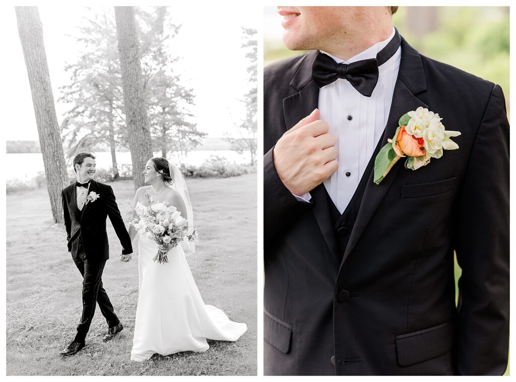 bride and groom get married at wedding venue tarry a while in bridgton maine. upscale luxury wedding with black tie groomsmen tuxes and black satin bridesmaid dresses, colorful flowers, summer maine wedding, lake, tent, outdoor dance floor, destination wedding