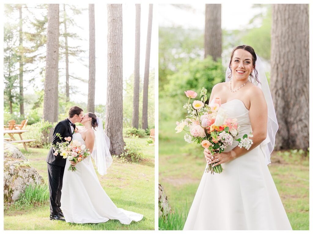 bride and groom get married at wedding venue tarry a while in bridgton maine. upscale luxury wedding with black tie groomsmen tuxes and black satin bridesmaid dresses, colorful flowers, summer maine wedding, lake, tent, outdoor dance floor, destination wedding