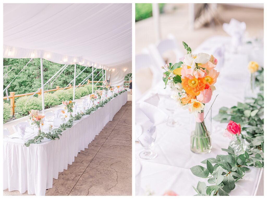 bride and groom get married at wedding venue tarry a while in bridgton maine. upscale luxury wedding with black tie groomsmen tuxes and black satin bridesmaid dresses, colorful flowers, summer maine wedding, lake, tent, outdoor dance floor, destination wedding