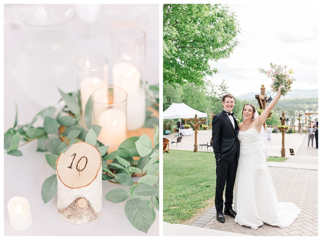 bride and groom get married at wedding venue tarry a while in bridgton maine. upscale luxury wedding with black tie groomsmen tuxes and black satin bridesmaid dresses, colorful flowers, summer maine wedding, lake, tent, outdoor dance floor, destination wedding