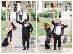 bride and groom get married at wedding venue tarry a while in bridgton maine. upscale luxury wedding with black tie groomsmen tuxes and black satin bridesmaid dresses, colorful flowers, summer maine wedding, lake, tent, outdoor dance floor, destination wedding