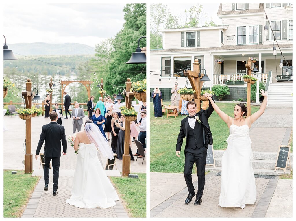 bride and groom get married at wedding venue tarry a while in bridgton maine. upscale luxury wedding with black tie groomsmen tuxes and black satin bridesmaid dresses, colorful flowers, summer maine wedding, lake, tent, outdoor dance floor, destination wedding